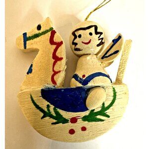 Vintage Wood Angel On Rocking Horse Christmas Ornament 2" Handcrafted In Germany